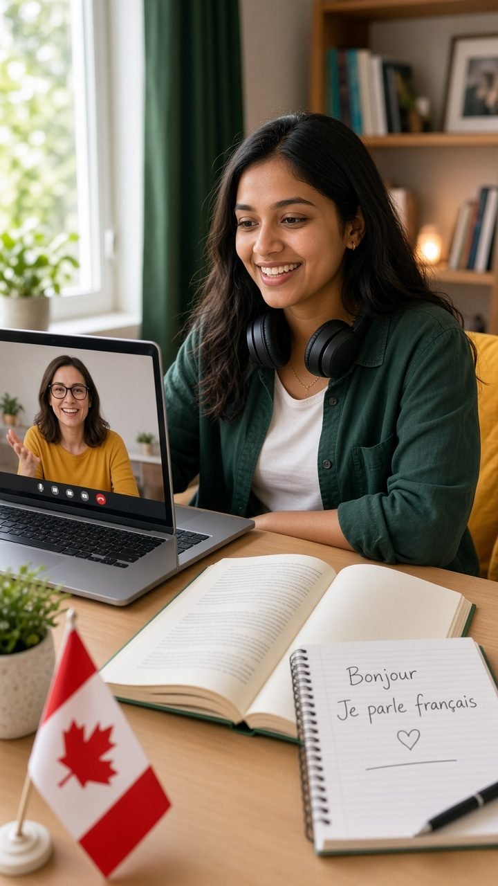 Student learning French in a live online class